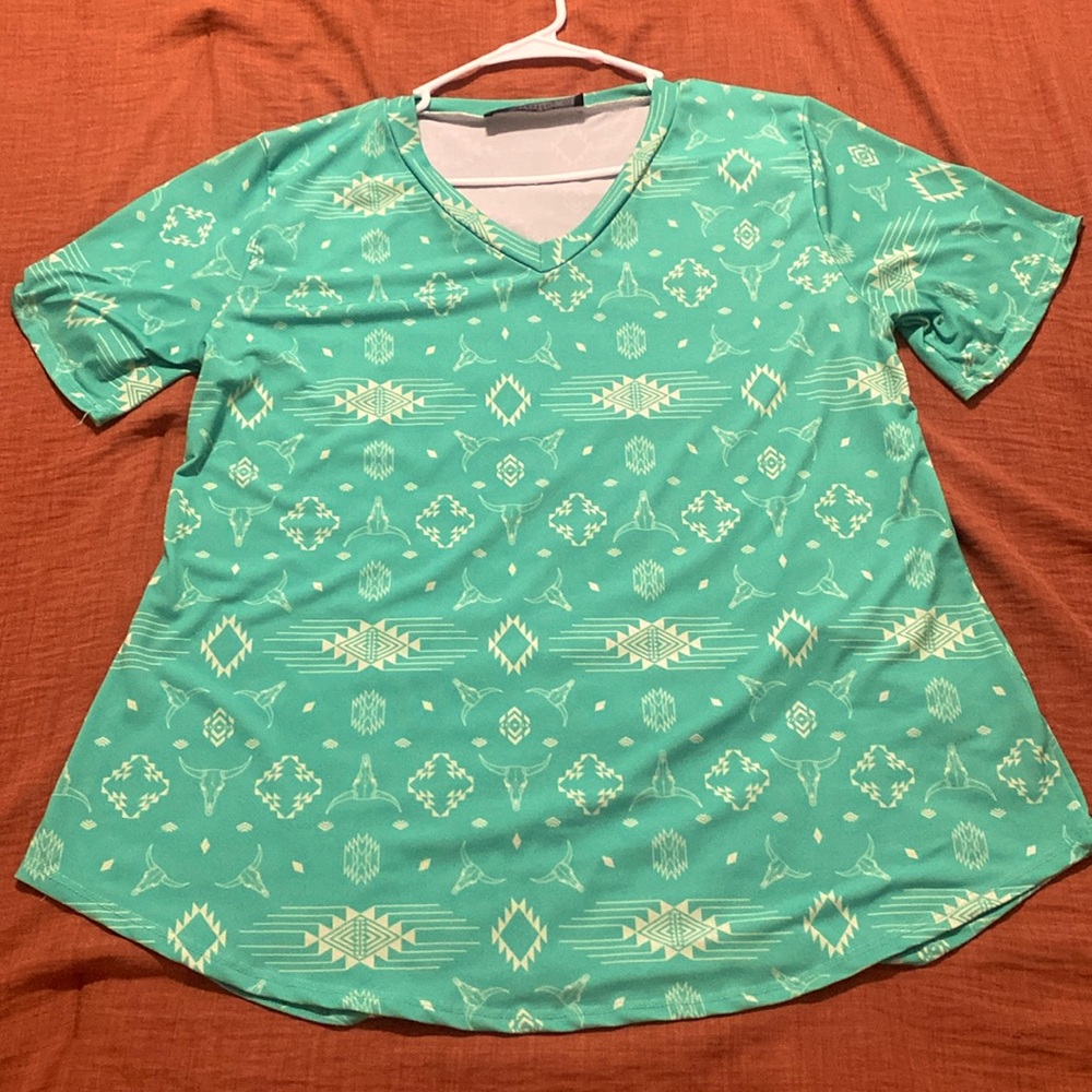 Teal Patterned V-Neck Women's Top